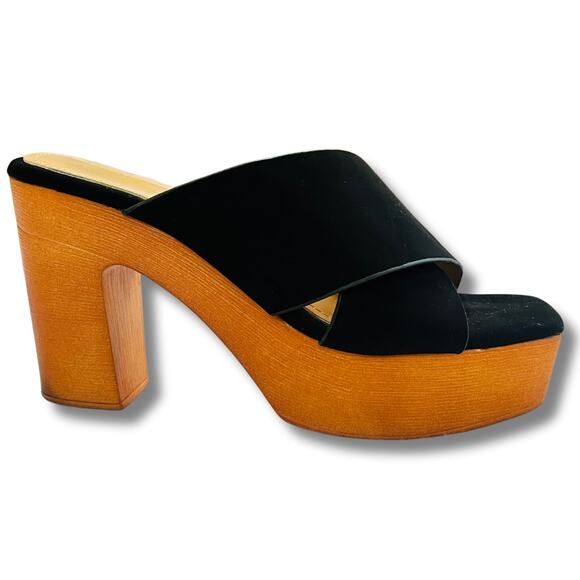 Cathy Din Black Suede & Wood Platform Mules – Size 9 Retro - Picture 1 of 10